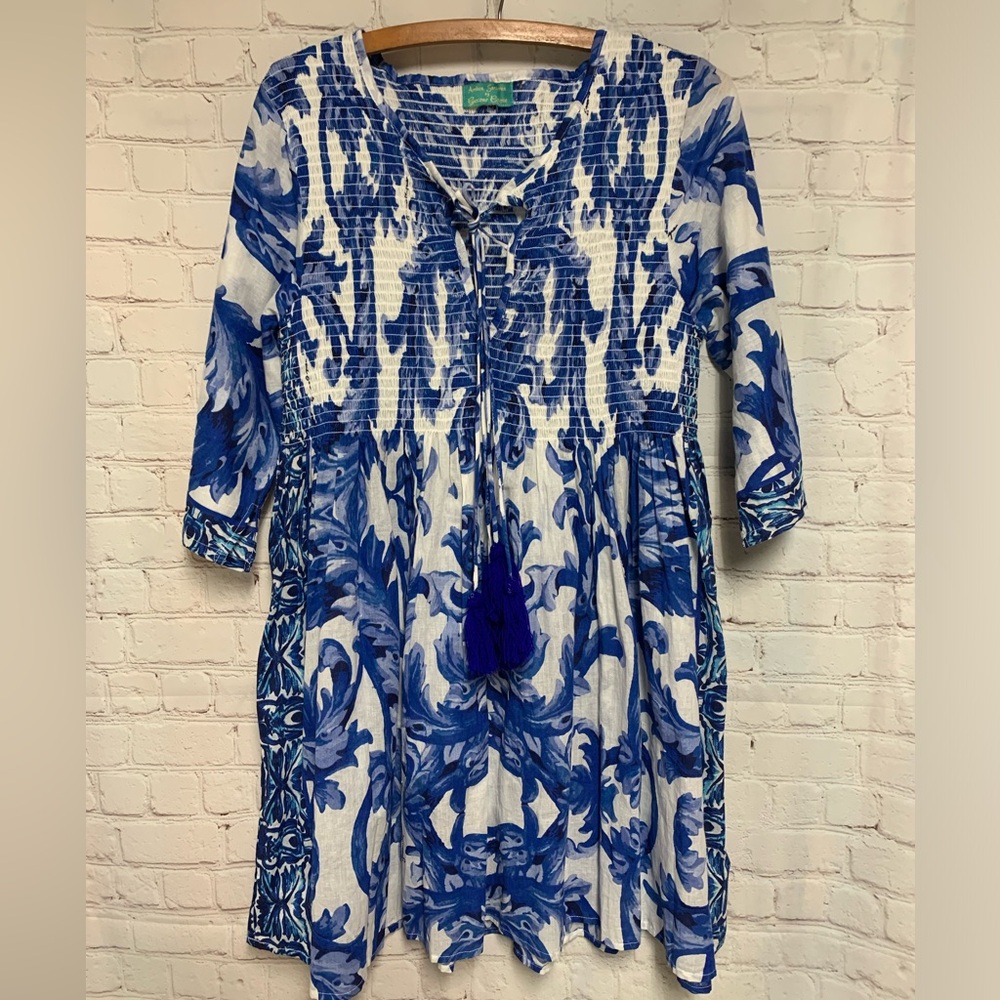 Blue and White Mini Dress with Tassel Tie
